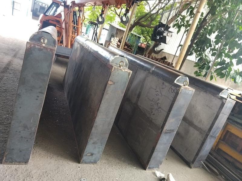 Plate girder mid-fabrication, webs tacked